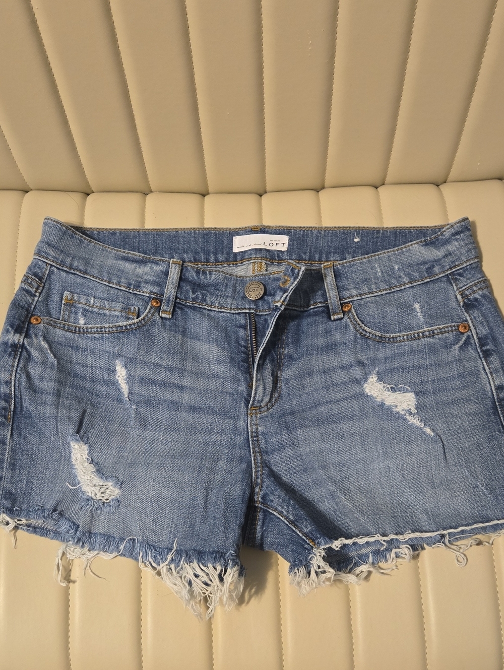 LOFT Frayed Distressed Denim Shorts in Light Blue